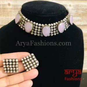 Purple Stones Oxidized Tribal Necklace with Cultured Stones