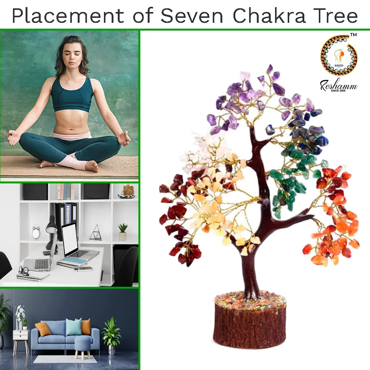 Reshamm Seven 7 Chakra Tree Natural Crystal Gemstone for Growth & Stability, Feng Shui Vastu Reiki Healing, Decorative for Home Office Shop Decor, Gifting (Approx 10 Inches) (Pack of 2)