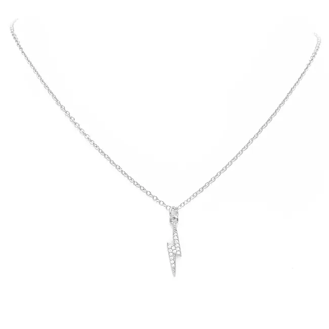 Silver CZ Pave Lightning Bolt Pendant Necklace