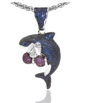 Silver Diamond Boxing Shark Pendant Jewelry Blue Shark Boxer Necklace Chain Iced Out 24in.