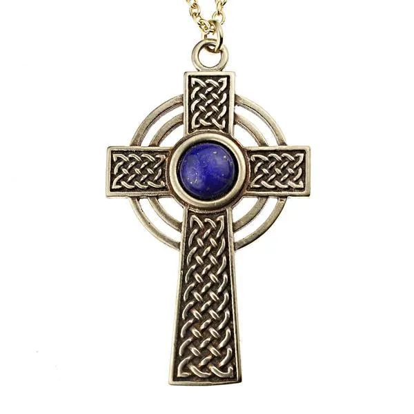 Small Celtic Cross Necklace with 8mm Persian Lapis Copper Gemstone