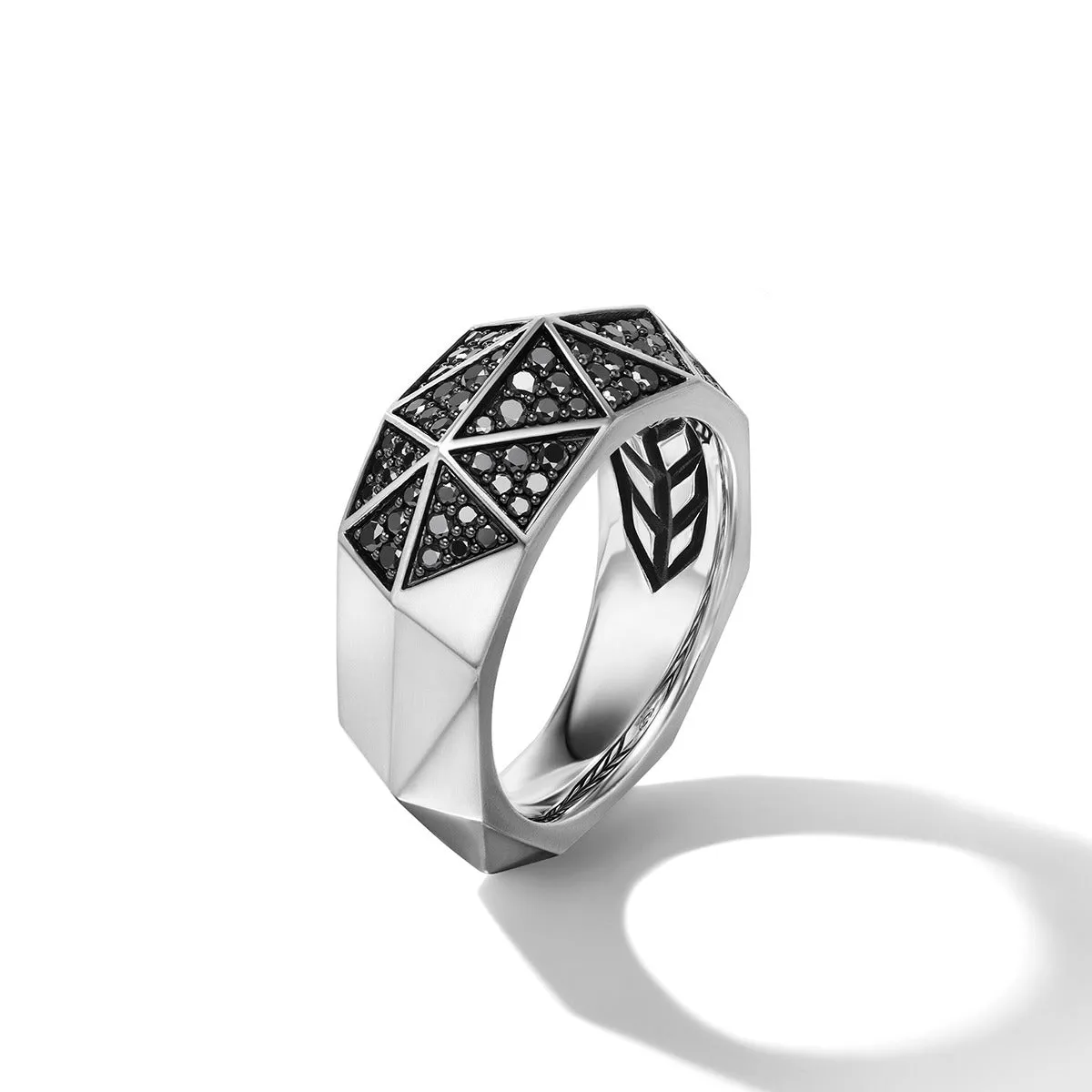 Torqued Faceted Signet Ring in Sterling Silver with Pave Black Diamonds