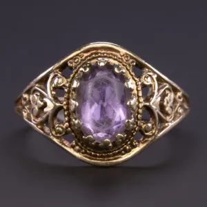 VINTAGE AMETHYST 10k YELLOW GOLD RING OVAL SHAPE CUT FILIGREE NATURAL COCKTAIL