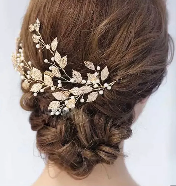 Vintage leaves Crystal Pearl Bridal Hair Vine