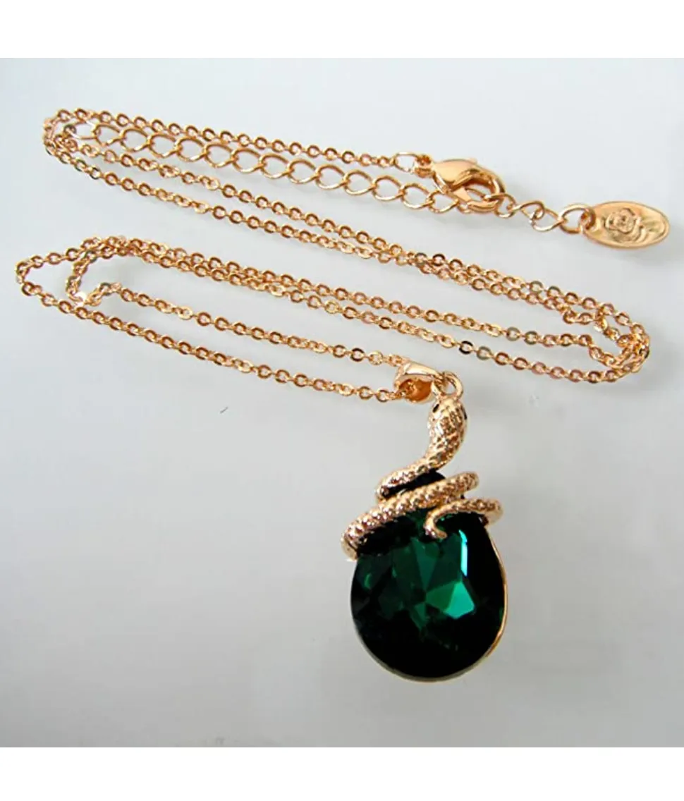 Water Drop Crystal Green Snake Pendant Necklace Snake Jewelry Serpent Chain Gold Tone Birthday Gift 18in.